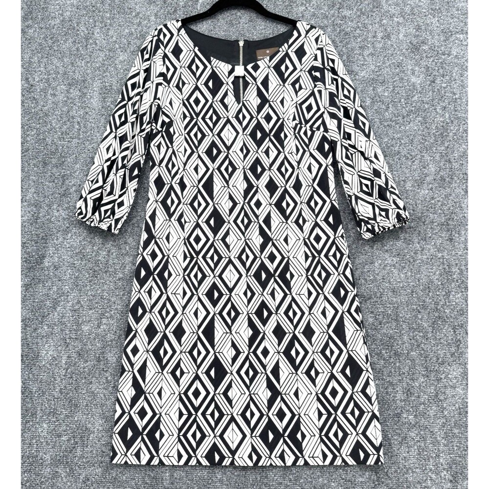 Fenn Wright Manson Geometric Print Dress Black White Zip Back Career Chic Size 8